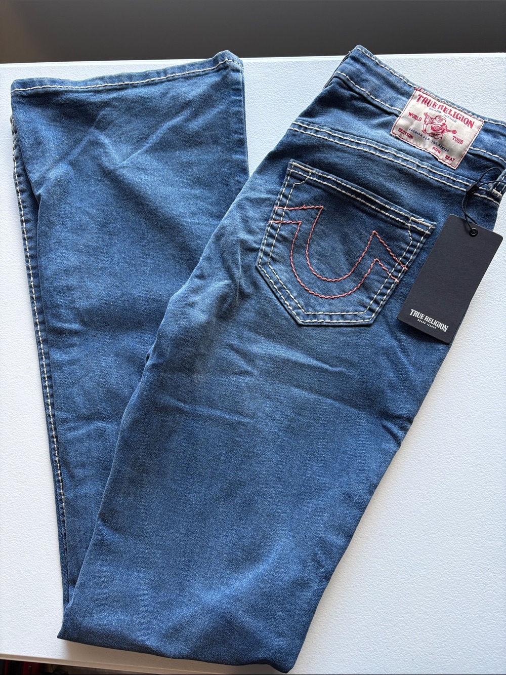 True Religion Women’s Boot Cut Blue Jeans with Signature Pocket Stitch